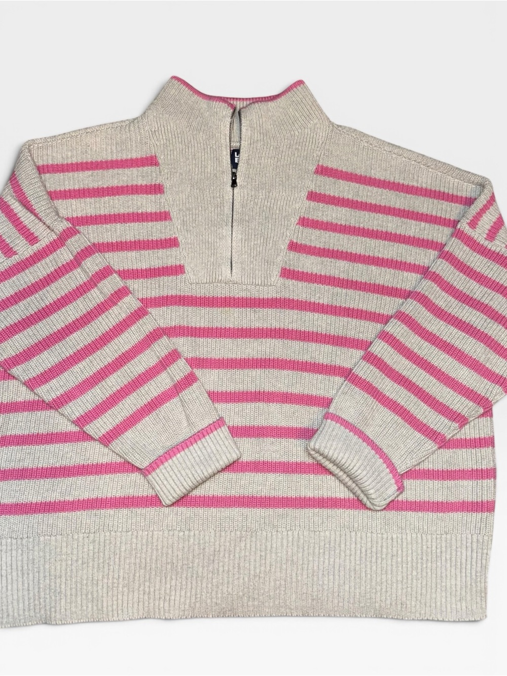 Lands’ End Drifter Women’s Cotton Striped Quarter Zip Sweater Pink Cream